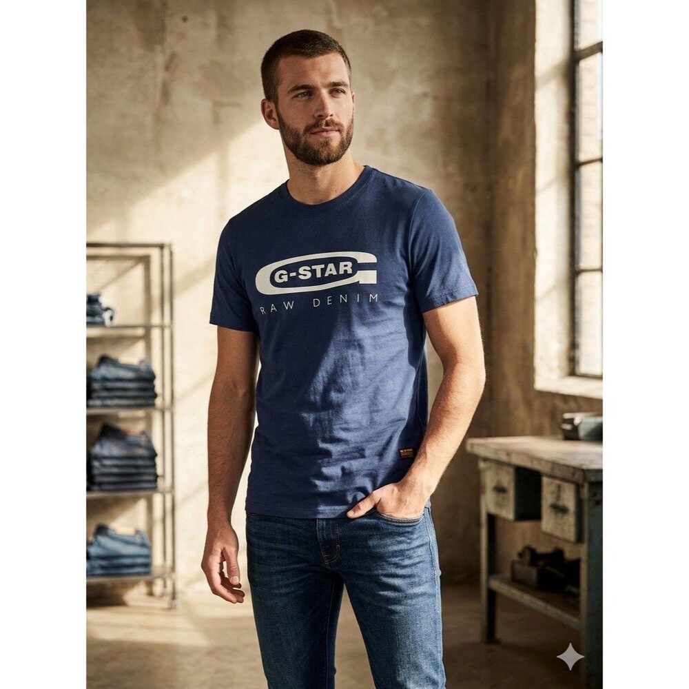 G-Star Raw Denim Mens Sz L Originals Overlay Graphic T-Shirt Navy Streetwear New